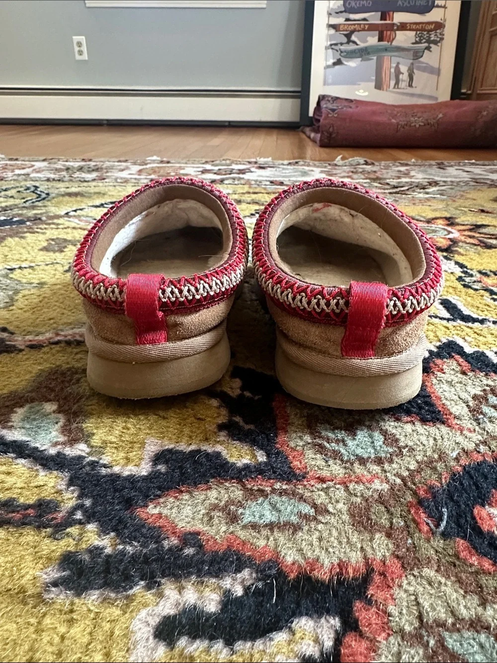UGG Kids Tan Suede Slip-On Shoes with Red Trim